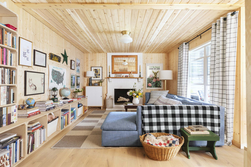 living room with a blue couch