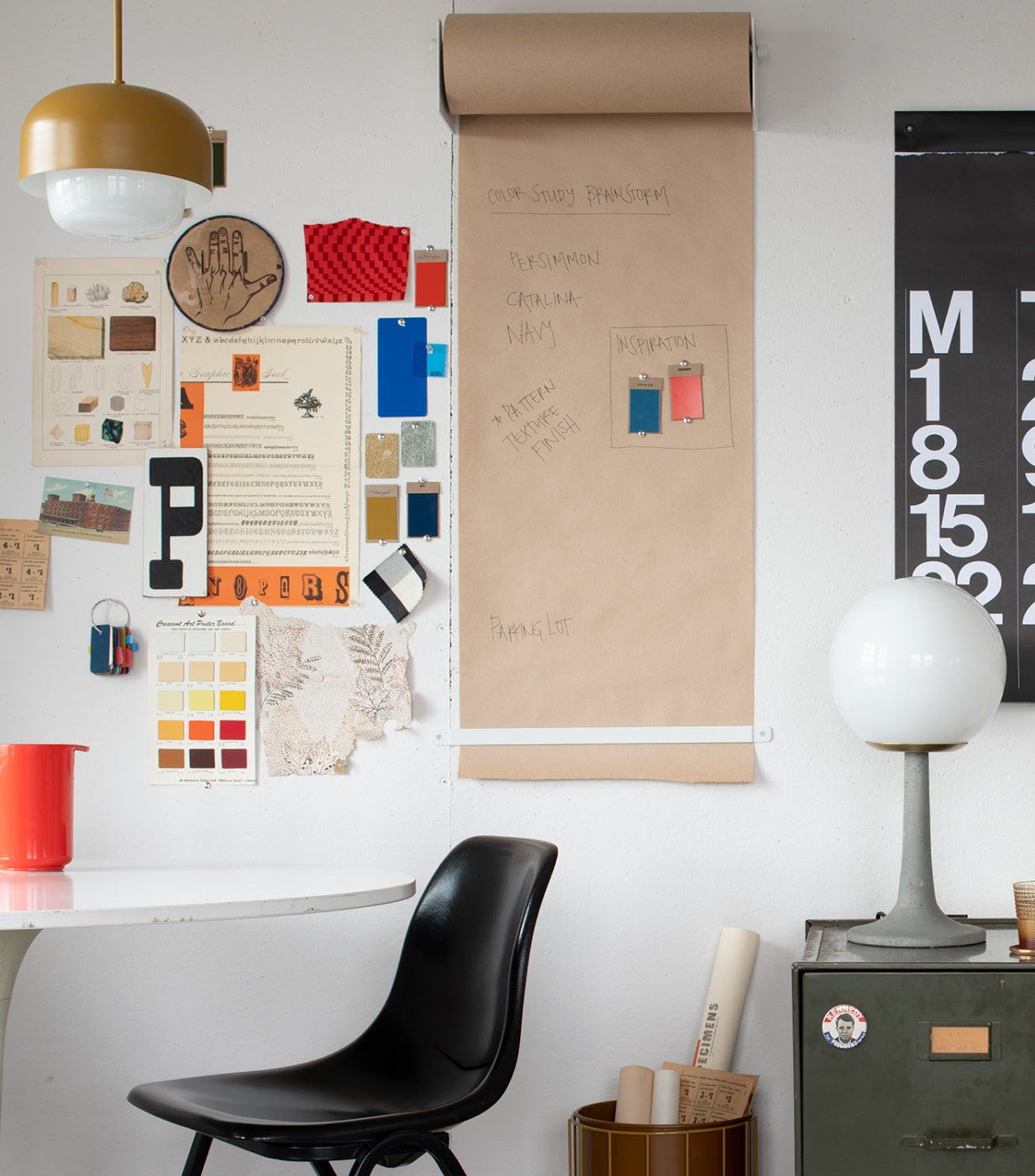 office table with notes posted on the wall
