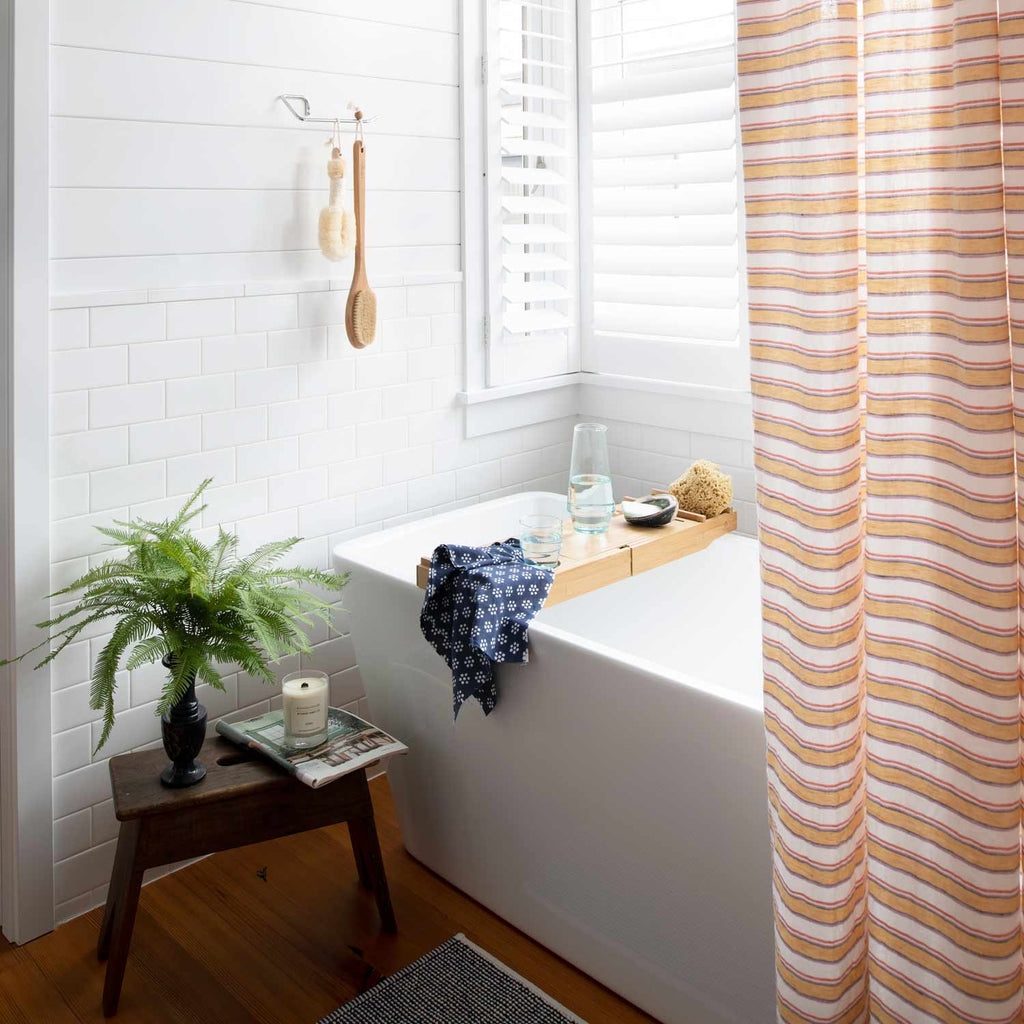 Market Stripe Linen Shower Curtain::Apricot Stripe::Hover