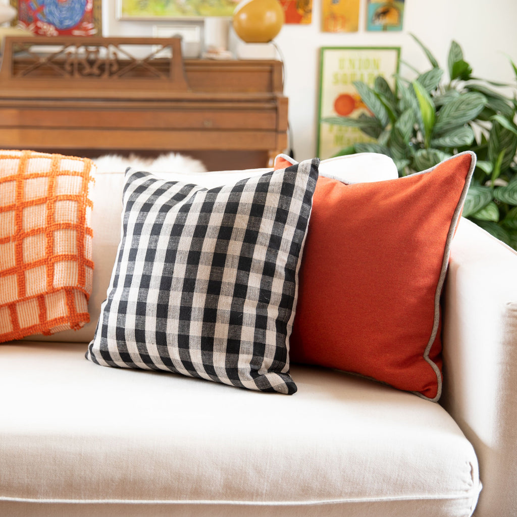Linen Check Pillow::Black + Flax::Hover