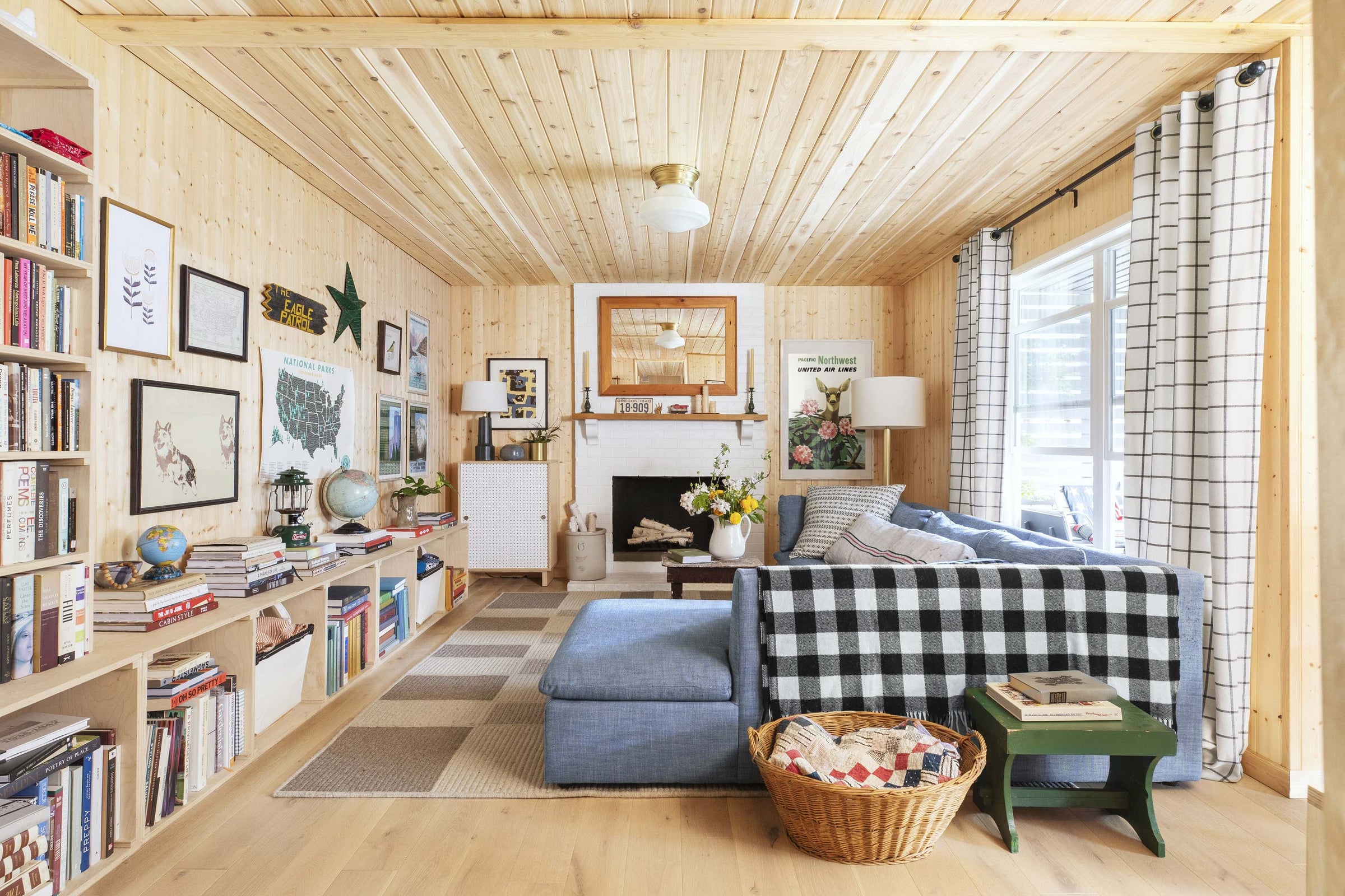 living room with a blue couch