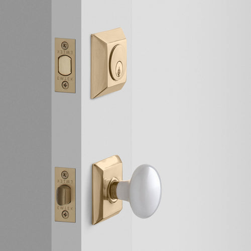 Freeport Small Backplate Doorset with Porcelain Knob + Deadbolt - Antique Brass:hover