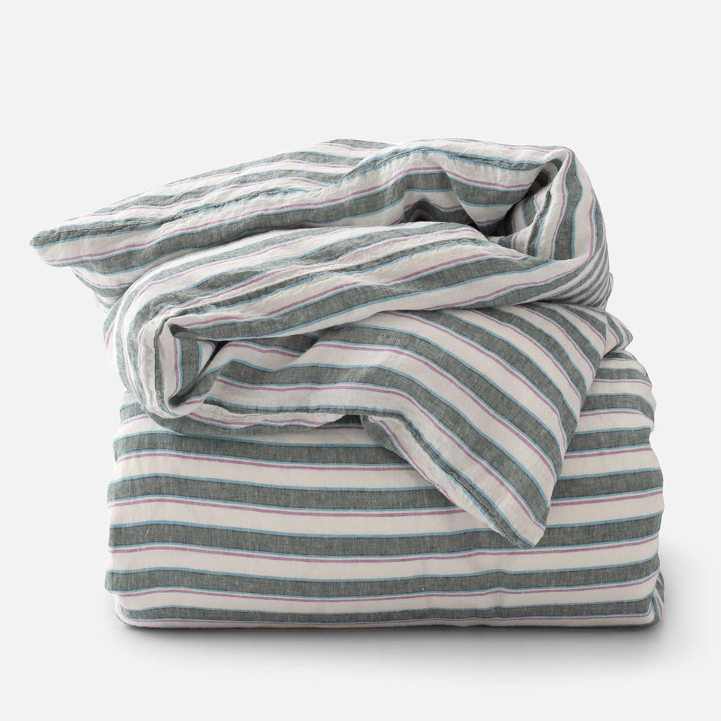 Market Stripe Linen Duvet Cover::Fern Stripe::Main